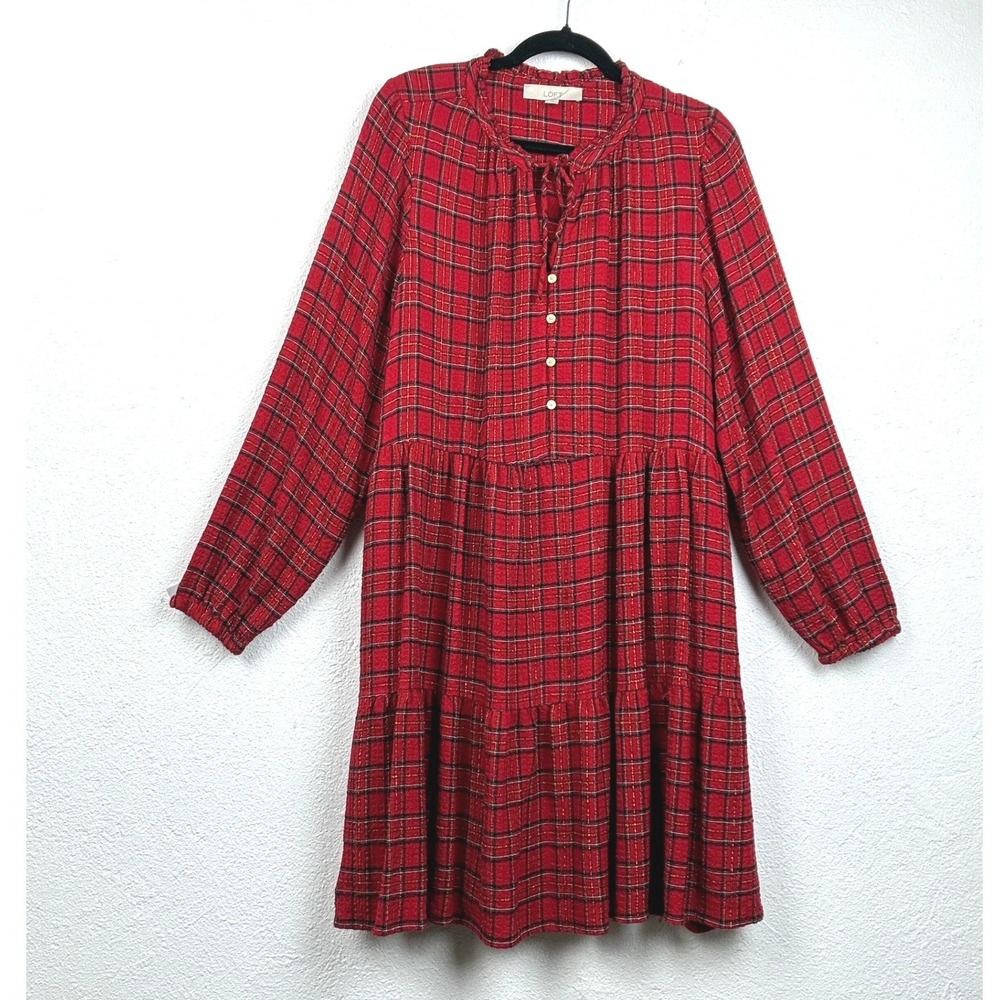 LOFT Red Plaid Tiered Dress - L - Metallic Sparkle Holiday Preppy Boho